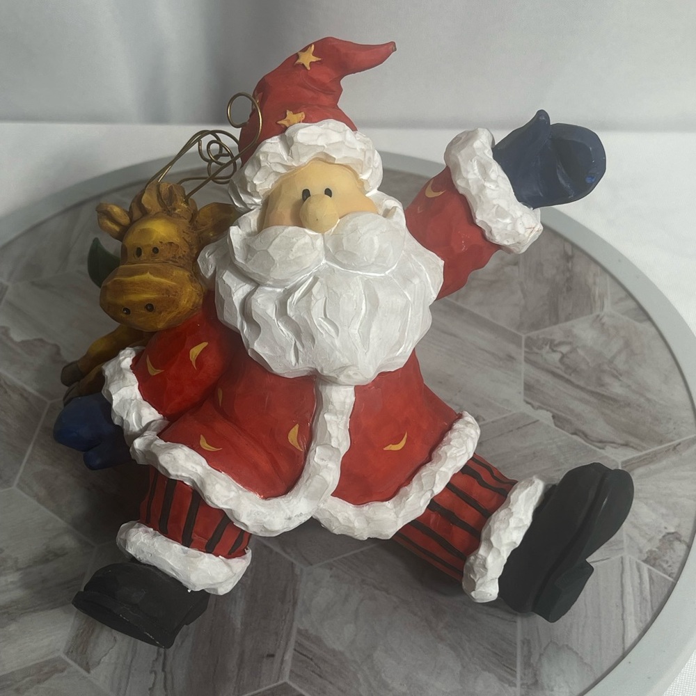 Vintage Around The World Festive Santa Claus Wood Carved Figurine with Reindeer